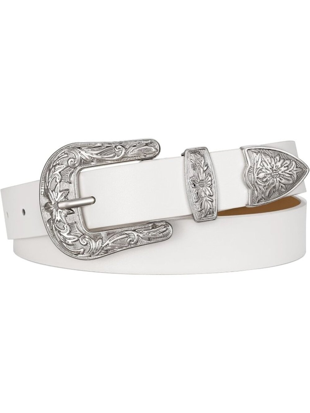 Women White With Shinning Buckle Leather Belt Vintage Western Design Waist Belt